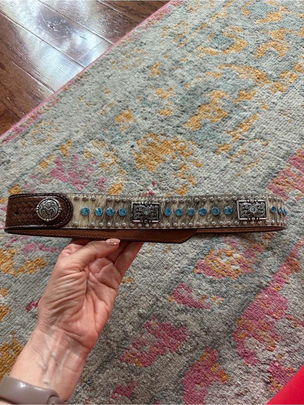 Vintage Nocona Western Belt Turquoise Concho Hair Hide Leather Sz 36